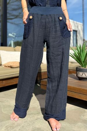 Made in Italy Benji Linen Wave Panel Pant Navy /10 *pre order due 1 week